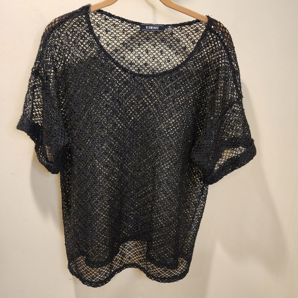 ELEMENTZ Black Crochet Sequins Short Sleeves Top size M - Picture 3 of 9